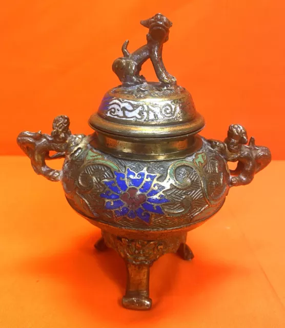 Old Bronze Japanese Asian Censor Champleve Enamel Cloisonne Incense Burner -44WB