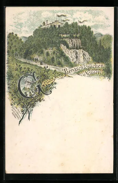 Lithograph Nossen, mountain castles 1899