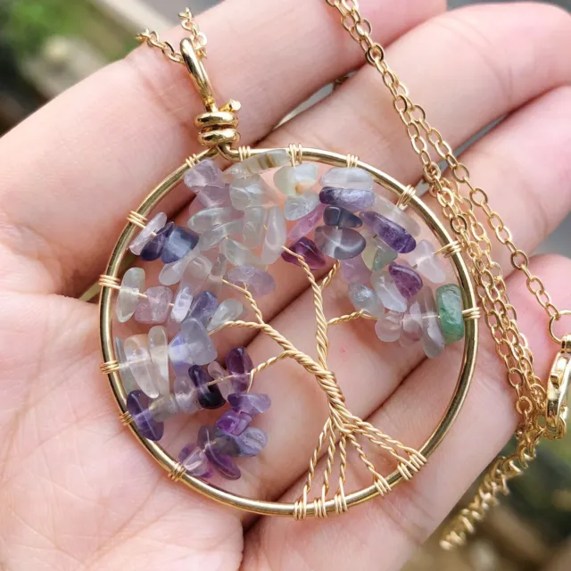 Purple Fluorite Gem Tree Of Life Water-Drop Necklace Chakra Reiki Healing Amulet
