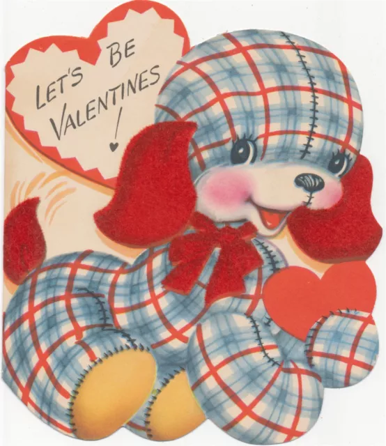 Clever Gingham Dog Let's Be Valentines c1950 Unused Flocked Vintage Valentine