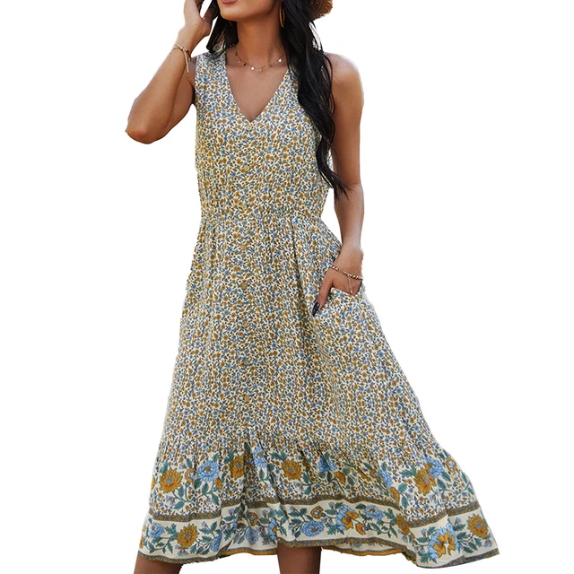 Robe Fleurie D'été Sans Manches Col V Taille élastique Ourlet à Volants Femme M
