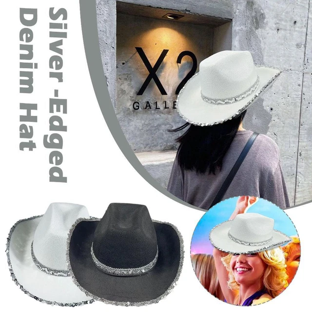 SILVER BRIM COWBOY Hat Costumes Adult Texan Cowboy Hat Fancy Dress New