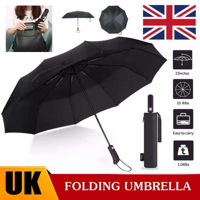 Windproof 10 Ribs Strong Automatic Open Close Folding Umbrella Compact Travel