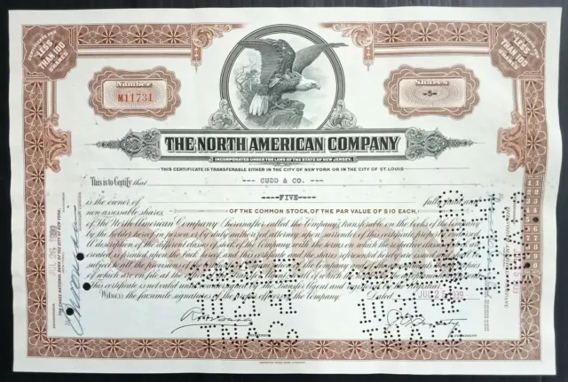 AOP USA 1939 The North American Co.5 shares certificate