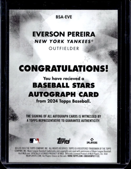 2024 TOPPS EVERSON Pereira Baseball Stars voiture recrue RC #BSA-EVE Yankees EUR 0,91 - PicClick FR