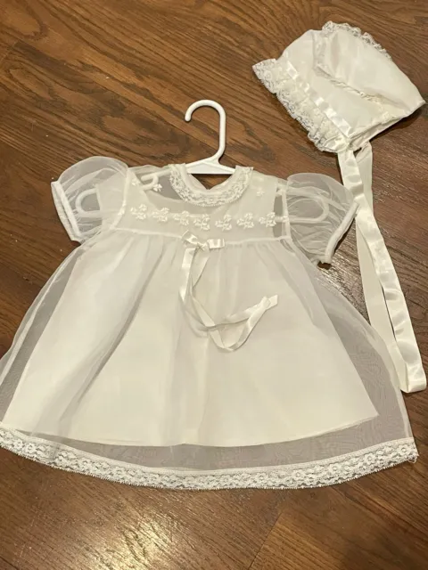Antique Baby Baptismal Christening Gown Dress  Sheer Organza  White With Bonnet
