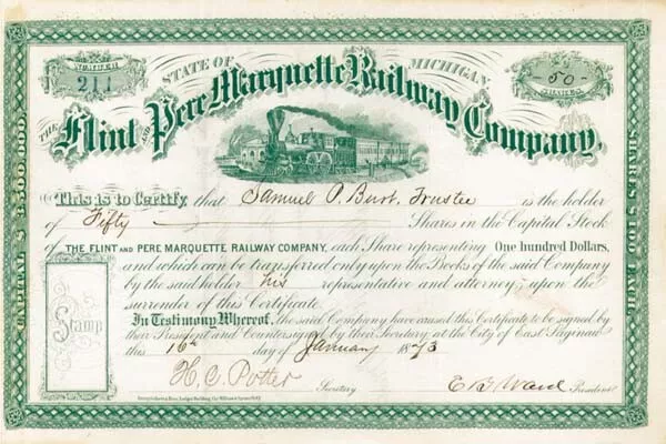 Flint and Pere Marquette Railway - Stock Certificate - Railroad Stocks