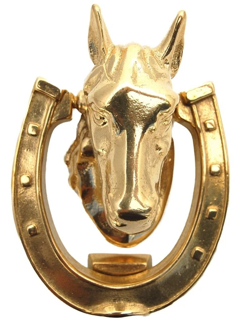 Heurtoir de porte / Marteau d'entrée en laiton poli - Buste de cheval et fer