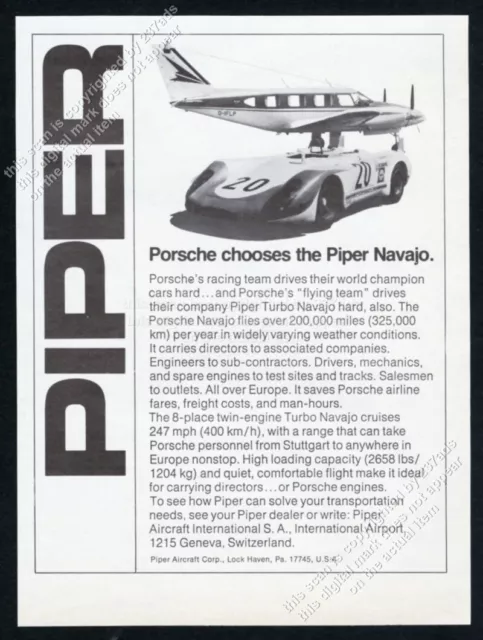 1970 Porsche open top race car photo Piper Turbo Navajo plane vintage print ad