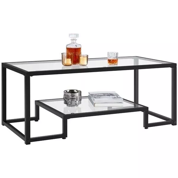 Black Tempered Glass Coffee Table with Storage Shelf & Heavy-Duty Metal Frame