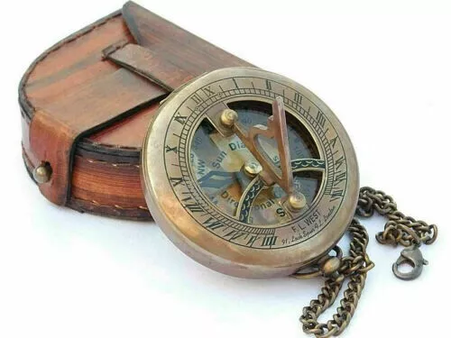 Brass Sundial Compass -SteampunK Compass Push Open with Leather Case and Chain