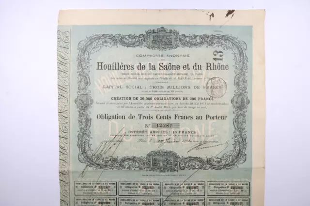 Compagnie Des Houillleres De La Saone Et Du Rhone Obligation De 300 Francs 1873