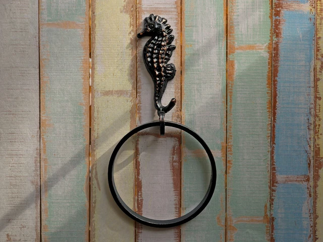 Seahorse Hand Towel Holder Wrought Iron Ring Beach Lake House Bathroom Decor NEW