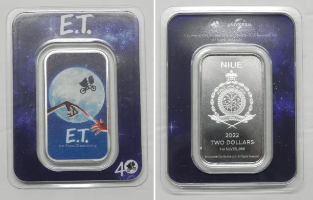 2022 ET The Extra-Terrestrial 40th Anniv 1 oz .999 Colorized Silver Bar $2 NIUE