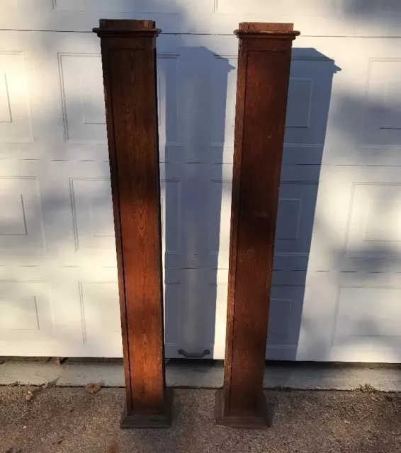 Vintage Pair of 66" Tall Oak Columns, Square w/ Nice Detail & Patina!