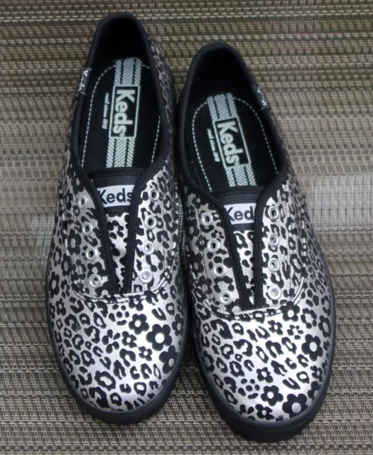 KEDS Leopard Sneakers Slip on Black Silver Metallic Champion Womens Shoes Size 5