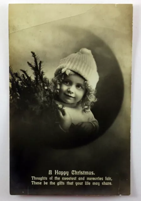 Happy Christmas Card Postcard Vintage Real Picture Cute Girl 1920s 1930s Antique
