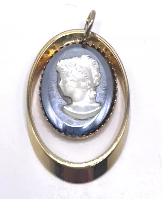 Hematite And Lucite Black Clear Cameo Pendant Vintage Mod