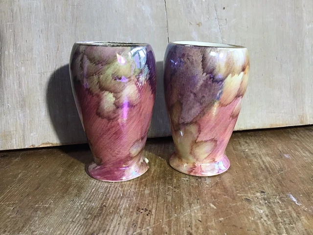 Vintage Old Court Ware Vases, Pair, Lustreware, Hand-painted, Small.