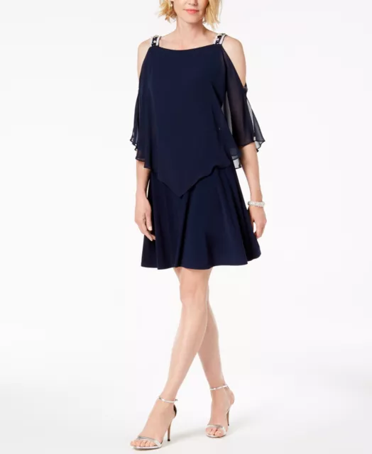 New $200 Msk Women'S Blue Embellished Cold-Shoulder Shift Dress Petite Size Pm