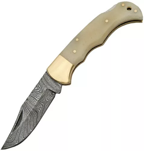 Damascus Folding Pocket Knife New Camel Bone Lockback DM-1110