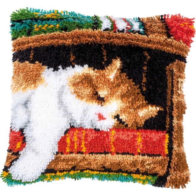 Cojín de andar Vervaco "Gato dormido", imagen de anudo predibujado, 40x40cm