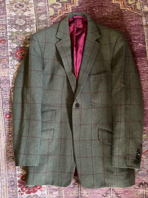 BESPOKE TWEED HACKING JACKET 42” Green Burgundy Windowpane Cheltenham £ ...