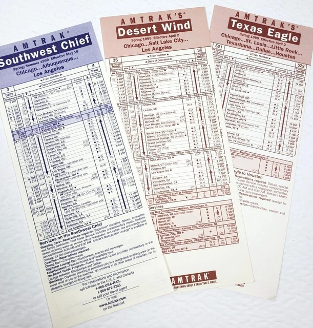 Amtrak SW Chief Texas Eagle Lot 3 Timetable Cards Vtg 1995 1999 Railroad Train