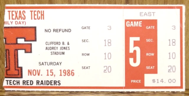 Texas Tech Red Raiders Football vs. SMU Mustangs 11-15-1986 Used Ticket Stub
