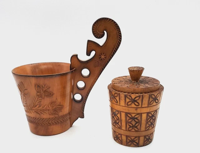 Polish Hand Carved Ornate Wooden Cup and Cylinder Trinket Box Pyrography Vintage