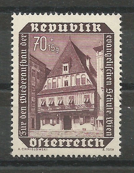 Österreich 1953 Wiederaufbau der evang. Schule 70 + 15 Groschen **