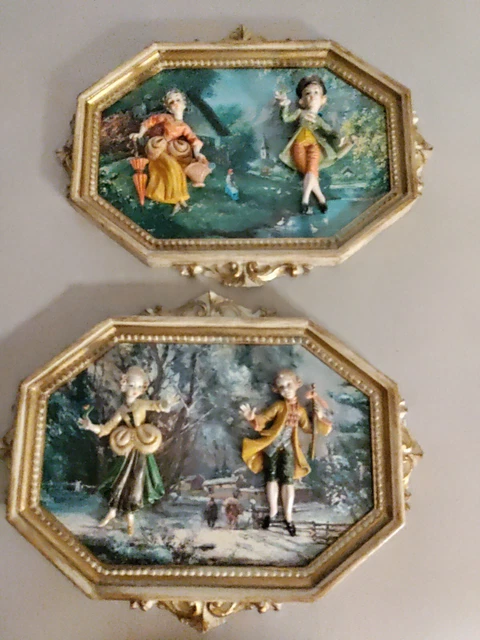 VTG 60's 3D Wall Plaque Victorian Couple  14" Lot of Two