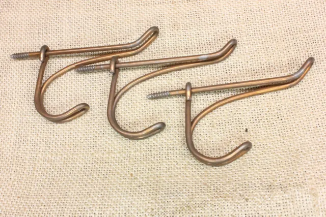 3 Old Coat Hooks Twisted Wire 1880’s Farm School House 3 1/8” copper Primitive