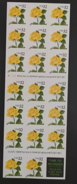 US Stamps SC#3049a Yellow Rose MNH Booklet of 20 Self Adhesive. Free Shipping!