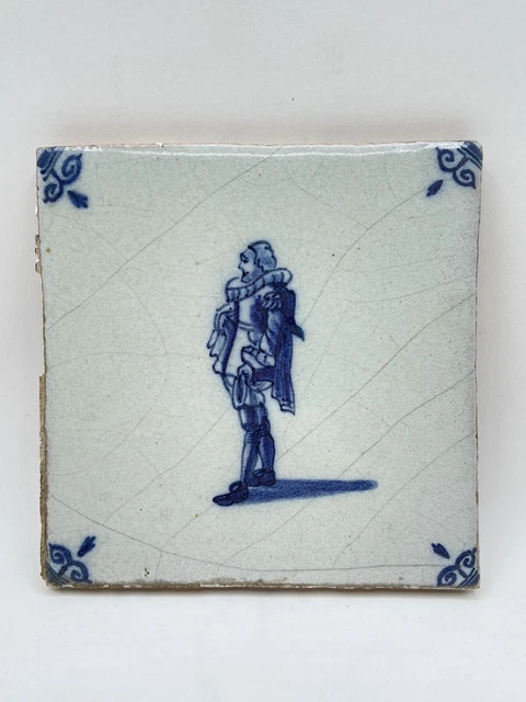 Antique Dutch Delft Tile 17th Century ￼Shakespeare Tudor With Ox Head Corners
