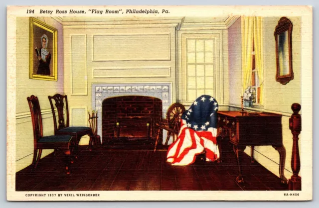 Philadelphia, PA, Betsy Ross House, Flag Room, Antique Vintage Post Card