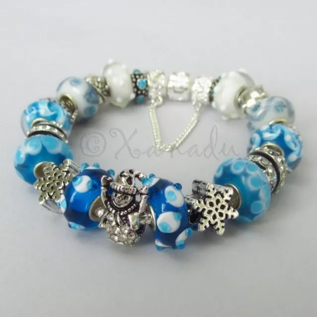 Winter Wonderland European Large Hole Charm Bracelet With Blue Glass Beads