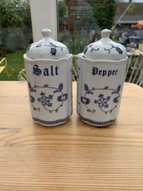 Vintage TC German ALTWASSER Blue /White (Onion) Salt / Pepper Jars Canisters
