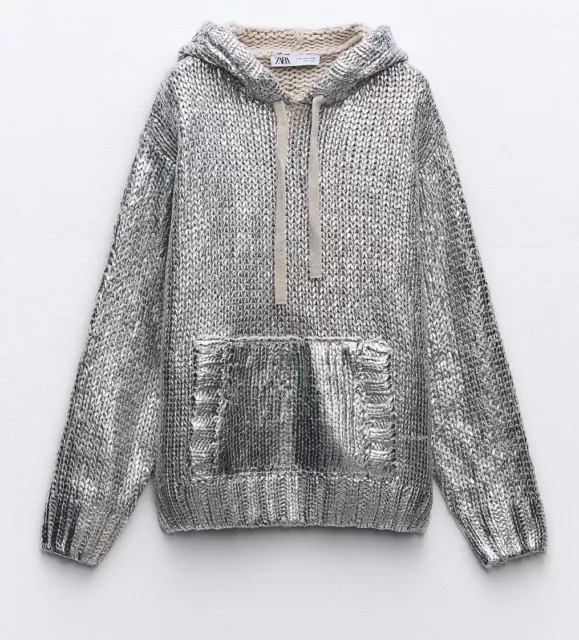 ZARA WOMAN NEW With Tags FW23 SILVER FOIL HOODED KNIT SWEATSHIRT SIZE S 2893 157 EUR 53 29 PicClick IT