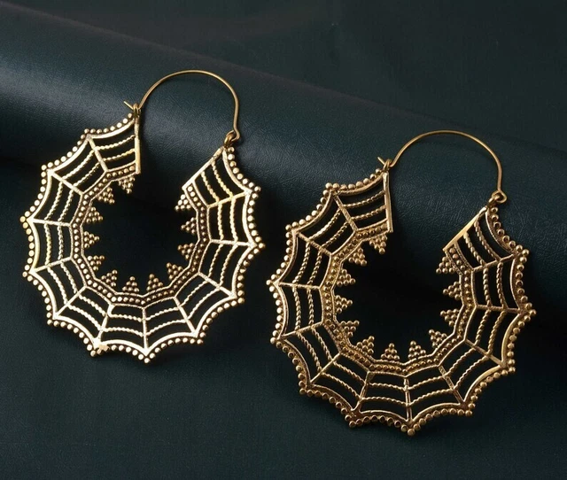 Large Gold Plated Vintage Afghani Brass Hoops Boho Tribal Mandala Earrings Vpw1