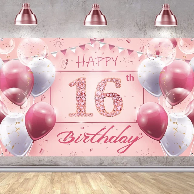 16TH BIRTHDAY BANNER For Girls Sweet Pink 16th Happy Birthday Backdrop