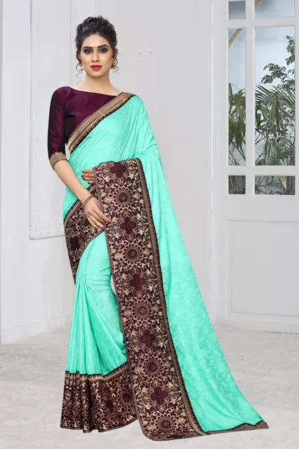 Indian SkyBlue Heavy Zari Siroski Stone Work Sari Jacquard Silk Party Wear Saree