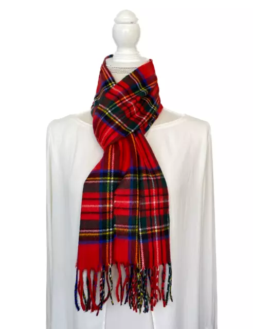 100% CASHMERE Made in Scotland Colorful Plaid Print UNISEX Scarf 72" x 12" NEW!