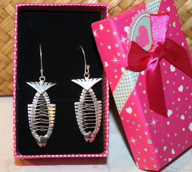 Retro Sterling Silver Wire Skeleton Bone Fish Dangle Earrings Mexico 925 Pisces