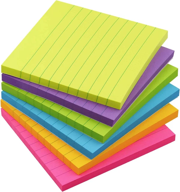 Lined Sticky Notes 4X4 Inch Bright Colors Self-Stick Pads 6 Pads/Pack 70 Sheets/