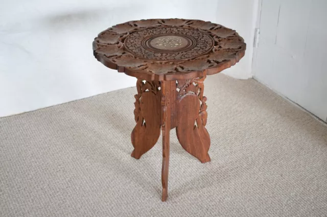 Small Hand Carved Folding Wooden Side Table Decorated with Flowers and Leaves