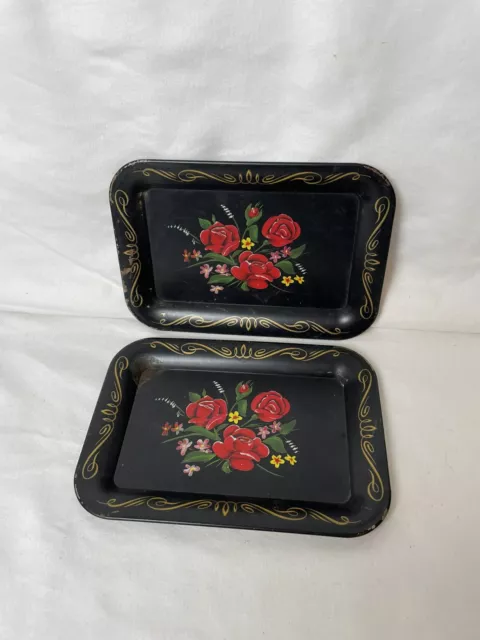 Vintage 4” X 6” Toleware Tin Trays Black With Red Roses