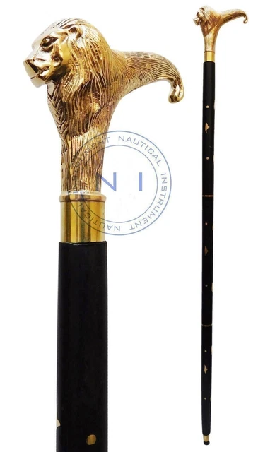 Walking Stick Cane Lion Head Handle Vintage style Brass Solid Designer Wooden