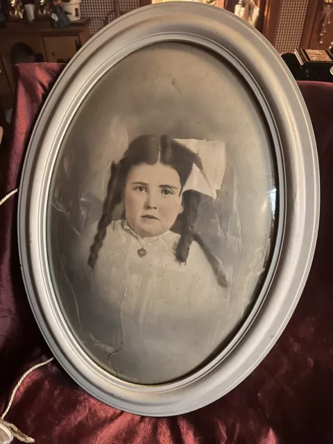 Antique Victorian Bubble Glass Picture Frame Convex Portrait Child 23” X 17”