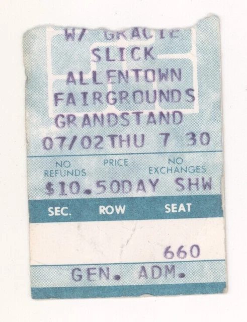 Jefferson Starship w/ Grace Slick 7/2/81 Allentown PA Rare Ticket Stub Airplane